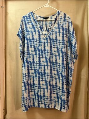 Tahari Tie Dye Tunic Blouse Cover Up V Neck Short Sleeve Women’s Medium Boho